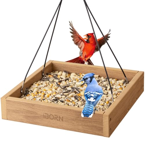 iBorn Platform Bird Feeder Tray Bird Feeders for Outdoors Hanging for Outside Flat Birdfeeder Tray with Large Capacity 3LBS, WPC Recycled Plastic & Cedar Look, Waterproof, 10.6"x10.6", Raw