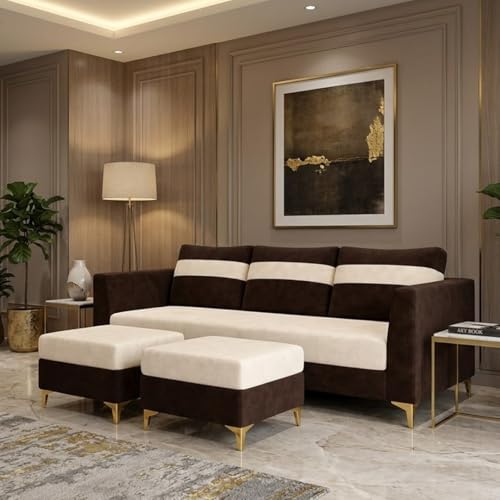 Image of FURNY Nova 5 Seater L Shape Sofa Set with 2 Movable Ottoman | Flexible Left or Right Layout | Plush Velvet Fabric (Dark Brown-Cream) | Perfect for Living Room, Guest Room & Office