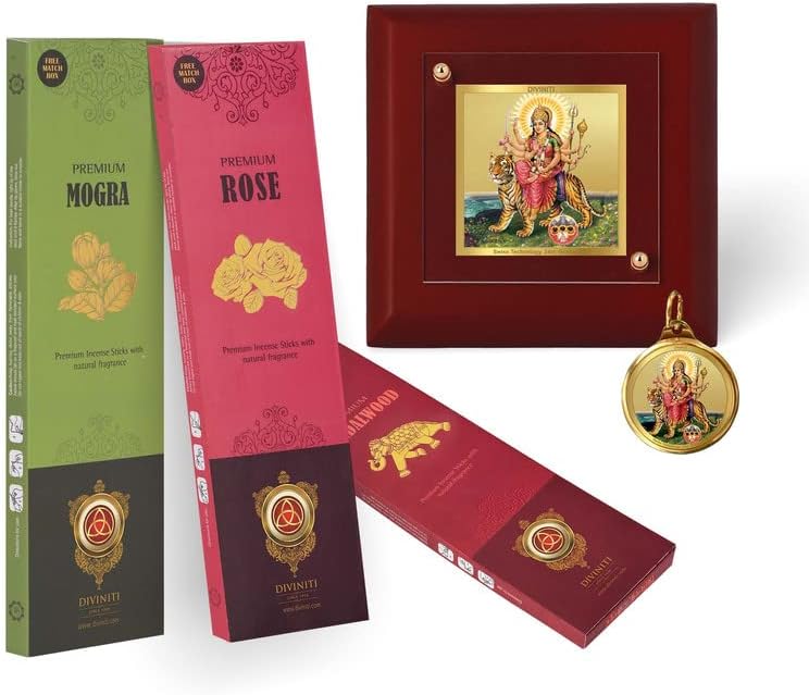 Durga MDF 1A Gold Plated Photo Frame, 24K Double sided Gold Plated Pendant 18 MM and 3 Pcs Incense Sticks For Navratri Festival Prayer & Auspicious Occasion (Combo Pack)