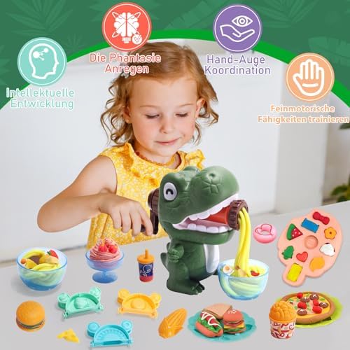 VBACALA Dinosaur Modelling Clay Set 42 Pieces with Kitchen Creations Pasta Machine, 5 Dino Egg Moulds, 12 Colours Modelling Clay and Kneading Tool, Creative Toy Gift for Children from 3 Years Boys and
