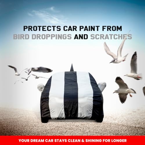 Image of Autofact Car Body Cover for Skoda Fabia with Mirror and Antenna Pocket (Light Weight, Triple Stitched, Heavy Buckle, Bottom Fully Elastic, White Stripes with Navy Blue Color)