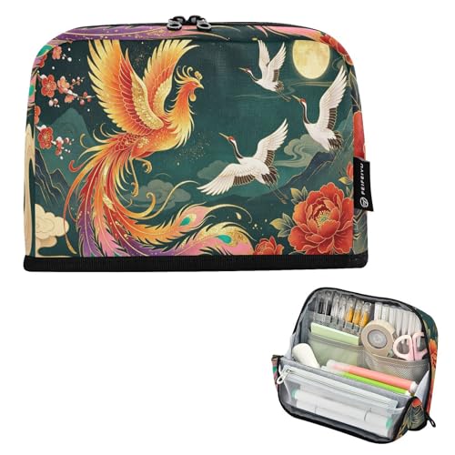 Loancwa Phoenix Trousse à crayons sur pied avec motif grue blanche, 21 x 4 x 5,9 m, 100 % polyester Oxford, base magnétique pliable, plusieurs compartiments pour école, bureau, voyage, 3 ans et plus