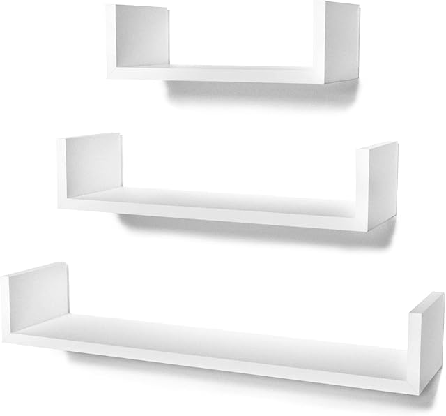 STOREMIC Floating Shelves Easy to Install Wall Shelves Pack of 3 with Length 60cm, 45cm, 30cm, U-Shaped White Wall Shelf for Kitchen, Living Room, Bathroom and Bedroom, etc