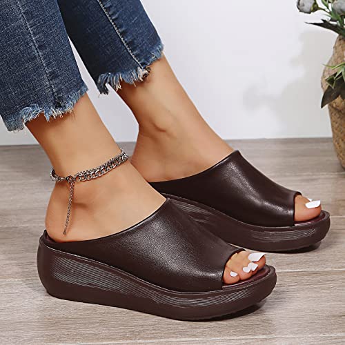 Women's Sandals Casual Summer Wedge Peep Toe High Heel Platform Mules Shoes Slip on Slide Slippers Comfortable Non-Slip Walking Shoes,Brown,US10/EU41
