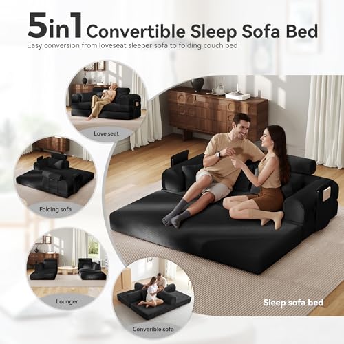 Image of Upgrade High Backrest Design Sofa Bed with Fixed-Shape Frame & Removable Armrests and Backrest, Corduroy Fabric, Convertible Mattress Couch for Small Spaces - No Assembly Needed (Black)