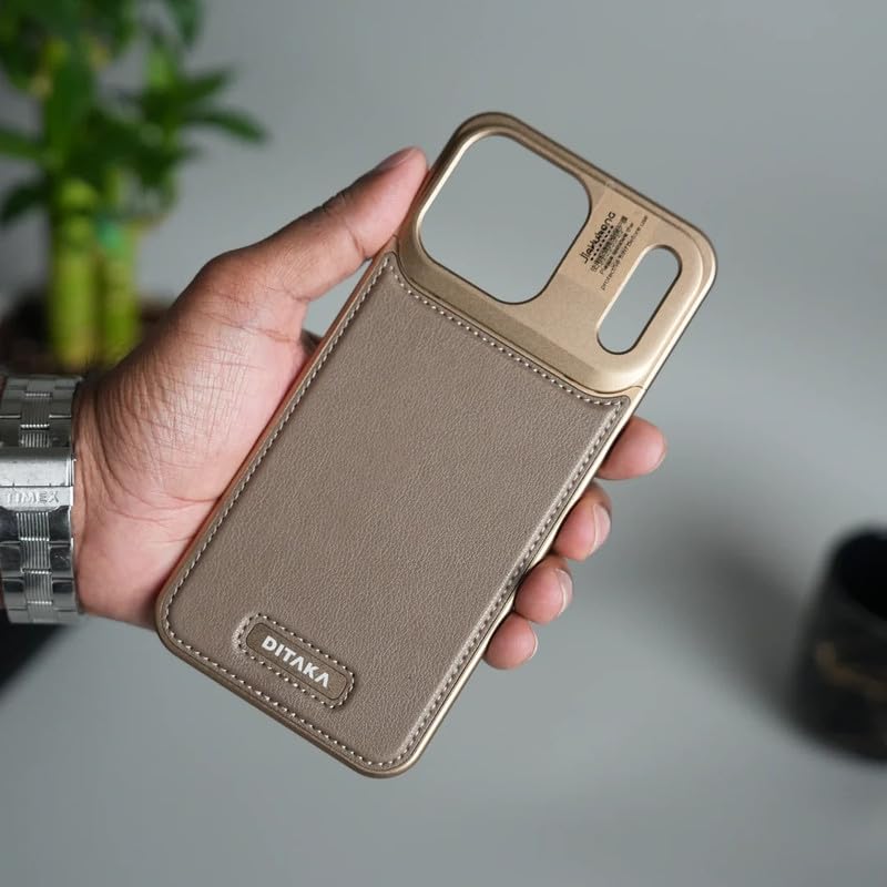 Image of Business Leather Phone Case Compatible with iPhone 17 Pro Max with Mag Charging | Aluminum Alloy Eco-Friendly Cloth Aroma Therapy Phone Case - Gold