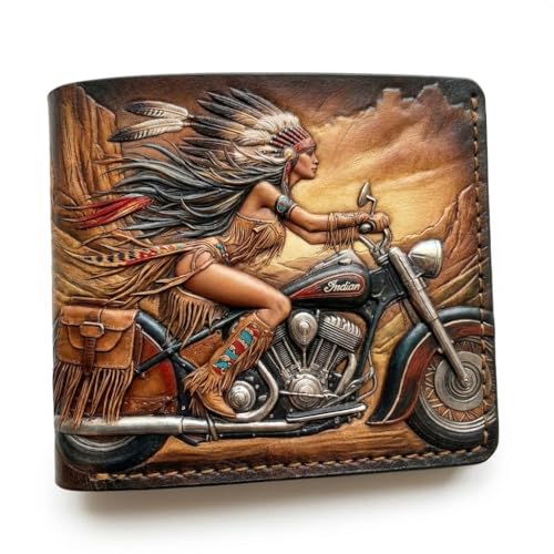 Theodoros Indian Native American Woman Biker RFID Blocking Leather Wallet for Men – Handmade Full Grain Bifold, Vintage Motorcycle Retro Design, Carved Tooled Painted Wallet, Gift for Him