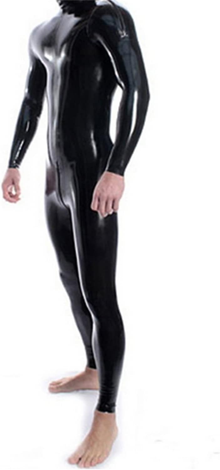 Neck Entry Black Latex Catsuit Shoulder and Crotch Zipper for Men Rubber Bodysuit Jumpsuit