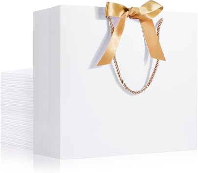 EUSOAR Thank You Gift Bags with Ribbons, 25pcs 12.5"x4.5"x11" White Party Favor Bags with Handle, Gift Wrap Treat Bags Bulk for Wedding Baby Shower Birthday Bridesmaid Anniversary Holiday Party