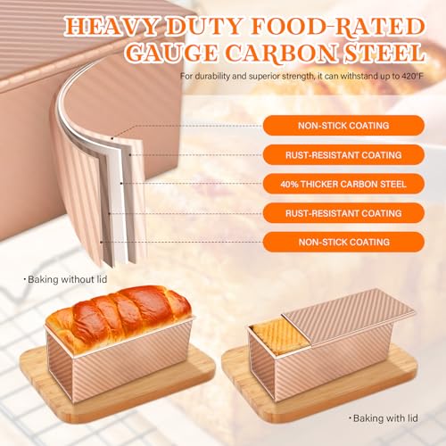 YIWSKJ 3-Pack Bread Pan with Lids, 2.2LB & 1LB & 1LB Dough Capacity, Non-Stick Carbon Steel Pullman Loaf Pan for Baking, Professional Toast Box Mold with Baking Tools - Gold