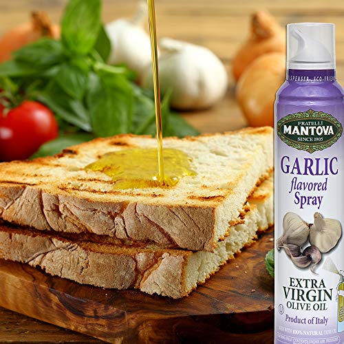 Mantova Garlic Flavored Extra Virgin Olive Oil Spray, Heart-Healthy Cooking Spray Perfect For Salads, Pasta Sauces, Or Grilling, 100% Natural Cooking Oil Made In Italy, Olive Oil Dispenser Bottle Sprays, Drips, Or Streams With No Waste, 8 Oz #TOP2