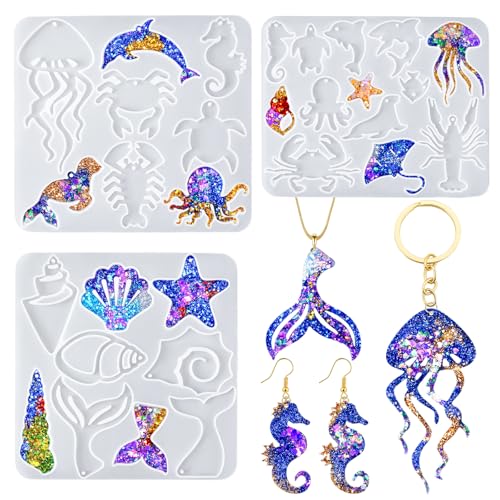 YODOYO Resin Earring Molds 3pcs Ocean Marine Life Jewelry Resin Molds UV Resin Jellyfish Shell Starfish Earrings Keychain Necklaces Pendant Silicone Molds DIY Art Craft Jewelry Making Supplies