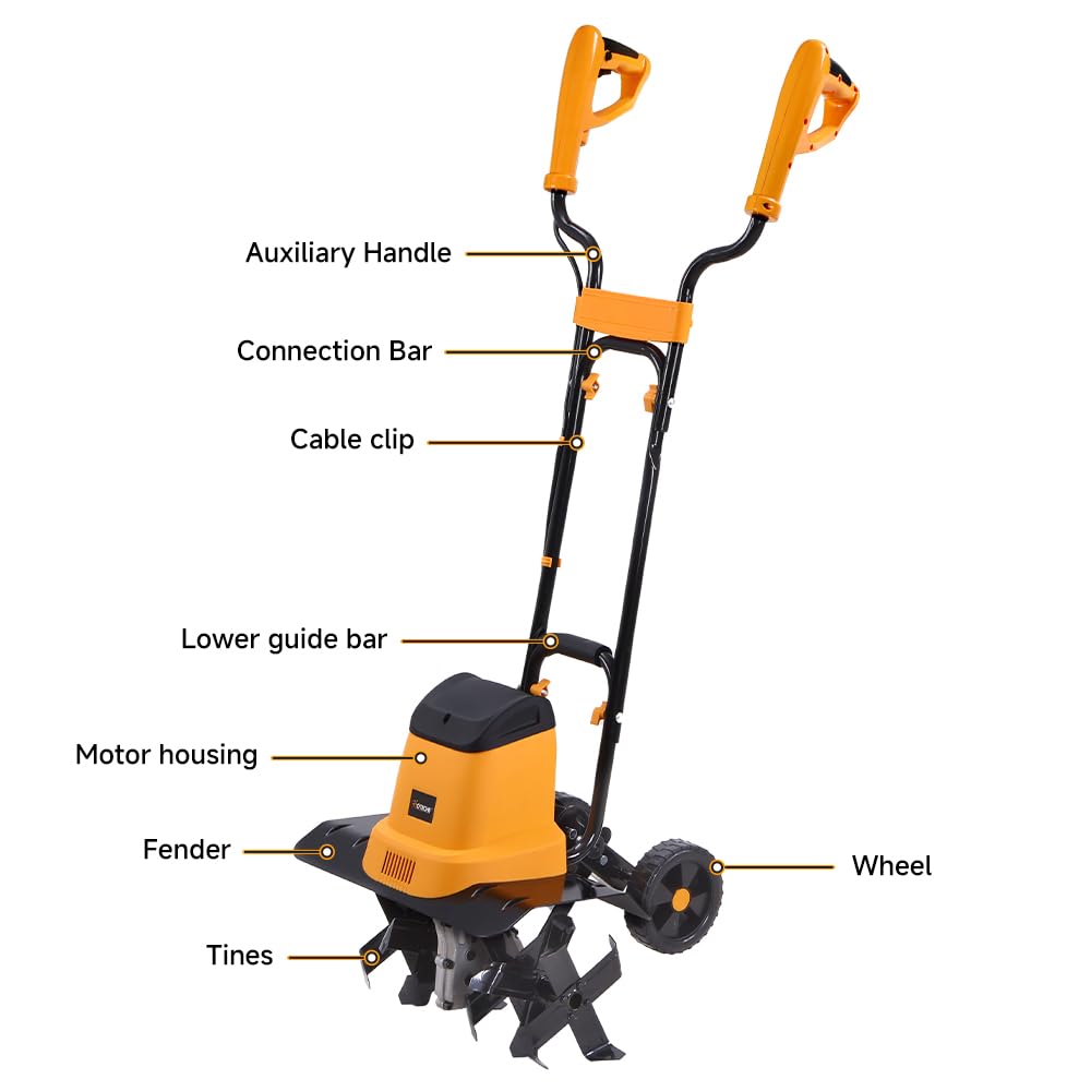 Hoteche Azada eléctrica de jardín de 1400 W, 330 rpm, 430 mm de ancho de trabajo, 6 cuchillos, color naranja y negro
