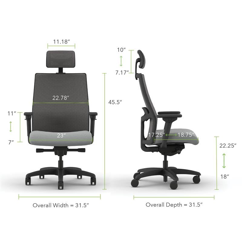 Image of HON Ignition 2.0 Big and Tall Ergonomic Mesh Office Chair with Headrest, 450 lb Capacity, Extra‑Wide High‑Back Desk Chair with Adjustable Arms, Lumbar Support, Tilt Recline, Black Frame, Ash