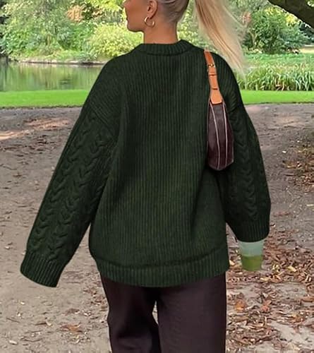 Okiwam Women's Oversized Sweaters Crewneck Cable Knit Pullover Casual Loose Fall Outfits Spring Fashion Clothes 2026-M Army Green — view 3