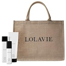 LolaVie Jens Glossy, Shiny Hair Essentials - Includes Restorative Shampoo & Conditioner 8.5 oz Each, Glossing Detangler 5 oz & Jute Tote - Vegan, Cruelty Free, Color Safe - All Hair Types