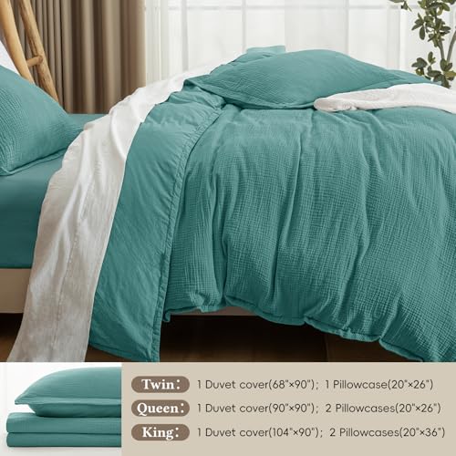 David's Home 100% Cotton Muslin Duvet Cover Set King Size,3 Pcs Ultra Soft Breathable & Lightweight Gauze Bedding Set with 2 Pillowcases,Textured Home Decor with Button, 104"×90" Teal,No Insert by David's Home - Image 7