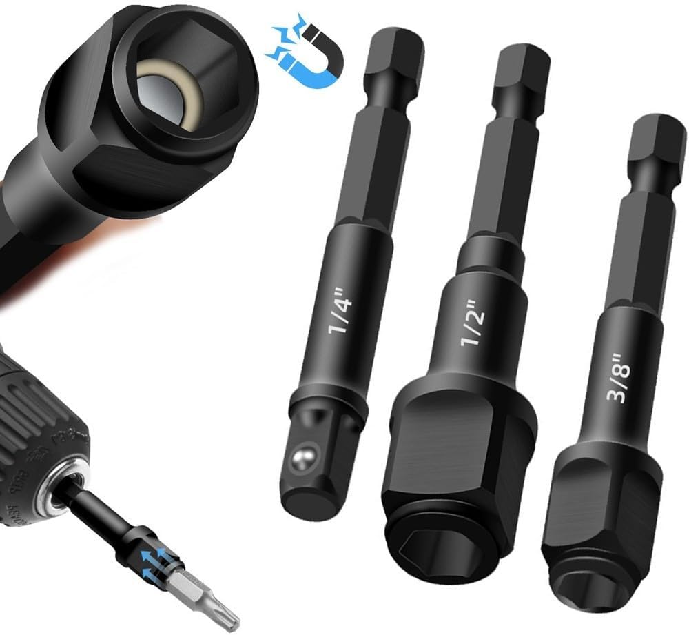 2-in-1 Socket Driver, 1/4 3/8 1/2 Inch Drill Bit Holder with Magnet, Chrome Vanadium Steel Screwdriver Extension Bar Mechanics DIY, Black(3pcs)