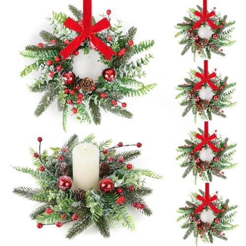Image of 6 Pcs Christmas Candle Rings Wreaths Artificial Snowy Pine Cedar Red Berry Clusters Candle Rings Wreaths Mini Christmas Balls Wreath for Xmas Winter Front Door Window Decorations