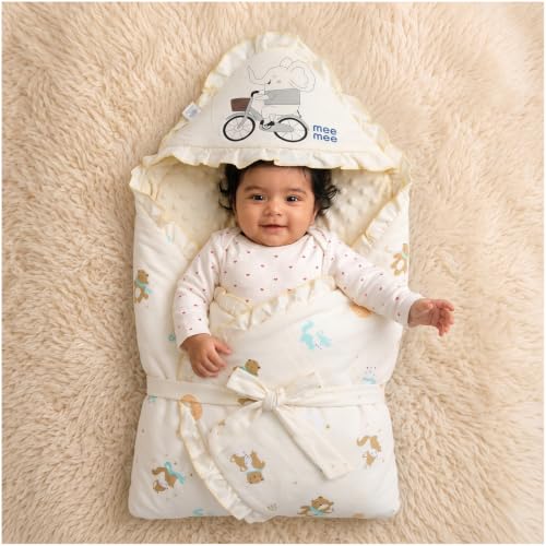 Image of Mee Mee 3-in-1 Baby Wrapper & Carry Nest for Newborns | Soft Breathable Cotton Swaddle with Hood and Cushion | Adjustable Tie-Up Design | Lightweight, Cozy & Easy to Carry (0-6 Months) (Beige)