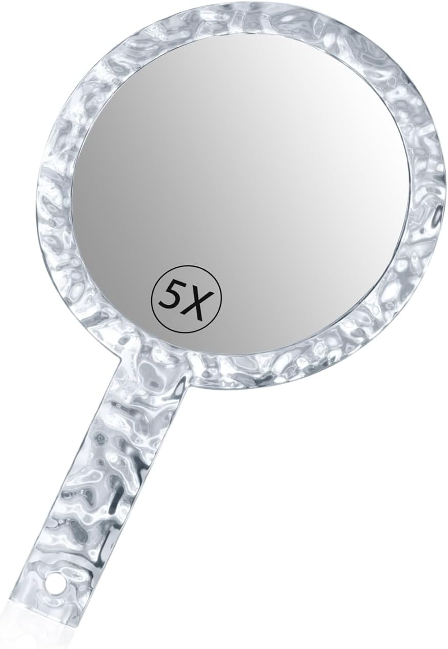 YEAKE Hand Mirror,Double-Sided Handheld 1X/5X Magnifying Mirror with Handle, Handle Makeup Mirror,Acrylic, 6.1" W x 10" L, Rounded Shape, Clear 1 PC