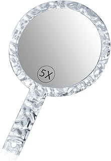 YEAKE Hand Mirror,Double-Sided Handheld 1X/5X Magnifying Mirror with Handle, Handle Makeup Mirror,Acrylic, 6.1" W x 10" L, Rounded Shape, Clear 1 PC