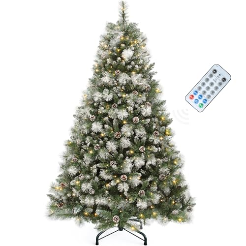 YITAHOME 7.5ft Prelit Scotch Pine Christmas Tree with Remote Control, Pre-Decorated Frosted Christmas Tree with Pine-Cones & Needles, Warm White/Multicolor Changing Lights for Home/Office by YITAHOME - Used condition - US$46.43