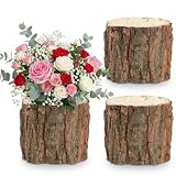 Housoutil Wooden Vase for Centerpieces, 3 Pack Wood Flower Vase Rustic Tree Stump Planter Pots, Wooden Bark Flower Bucket for Wedding, Farmhouse Christmas Table Decor, Round Bark Stump Pots