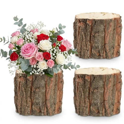 Image of Housoutil Wooden Vase for Centerpieces, 3 Pack Wood Flower Vase Rustic Tree Stump Planter Pots, Wooden Bark Flower Bucket for Wedding, Farmhouse Christmas Table Decor, Round Bark Stump Pots