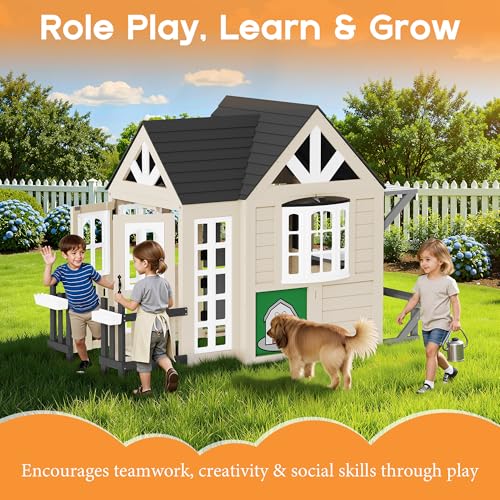 image for Albott Kids Outdoor Wooden Playhouse with Kitchen Set, Mailbox & Doorb