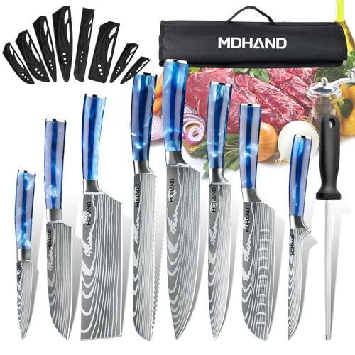 MDHAND Set de Couteaux de Cuisine, 8 pièces couteau cuisine professionnelle avec étui à roulettes, acier inoxydable à haute teneur en carbone extrêmement tranchant Ensemble de couteaux de cuisine