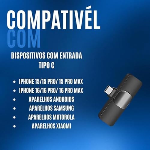 Microfone de Lapela Sem Fio com Redução de Ruído - Compatível com iPhone 15, iPhone 16 e USB Tipo C