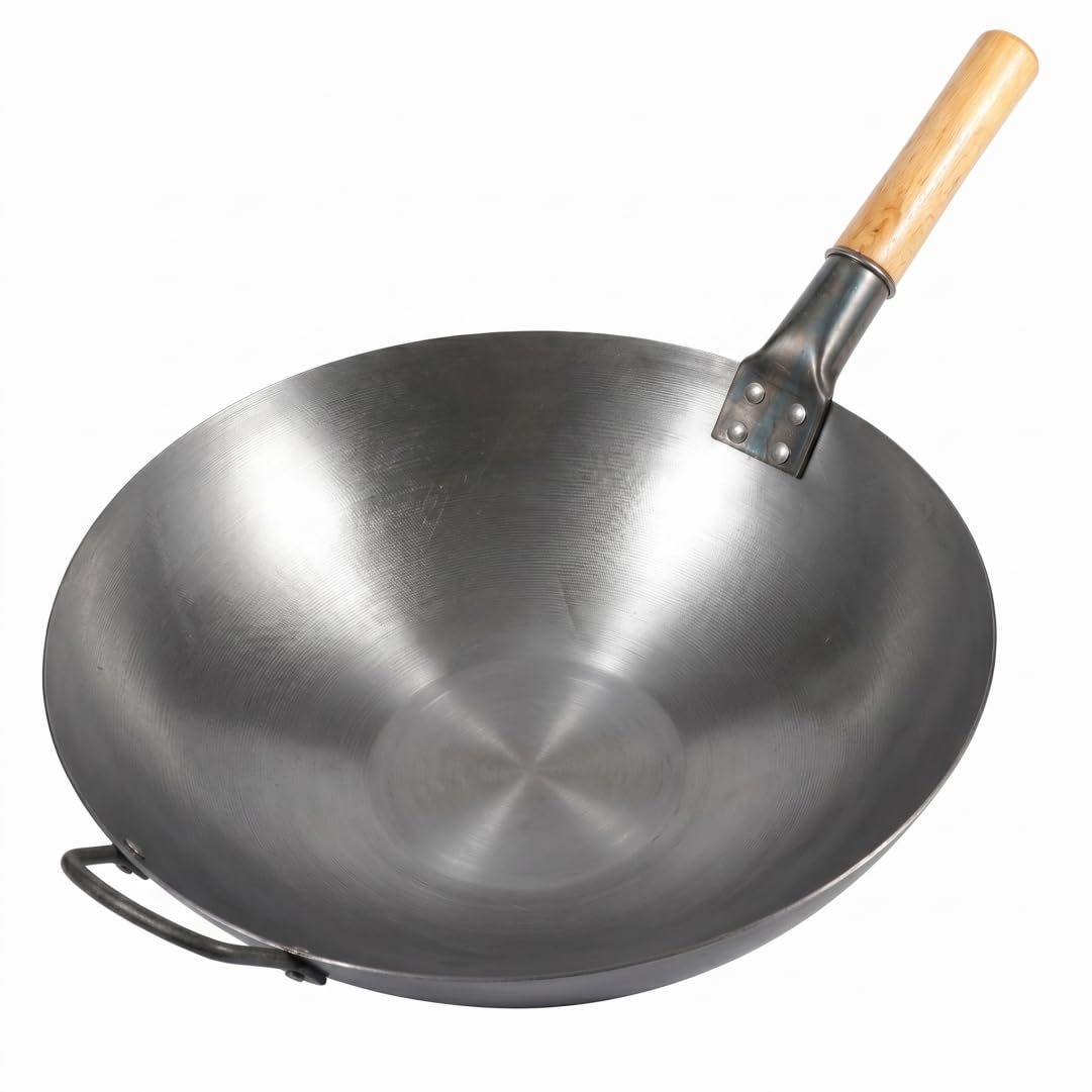 Tsawntd Wok Pan, Nonstick Wrought Iron Wok - Uncoated Forged Iron Stir Fry Pan With Wooden Handle, Silver, 15 Inch Woks & Stir-Fry Pans Nonstick