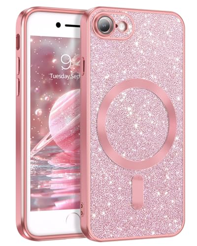 BENTOBEN Funda Magnética para iPhone X, iPhone XS Funda [Compatible con Magsafe] Carga Inalámbrica Carcasa Case Ultra Delgada Brillante Purpurina Silicona Resistente Anti-Arañazos Anti-Golpes -Rosa