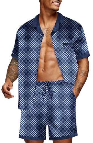 Image of Ekouaer Mens Satin Pajamas Set Button-Down Short /Long Sleeve Shirt Top Soft Silk Sleepwear Loose Pocket Pant Loungewear