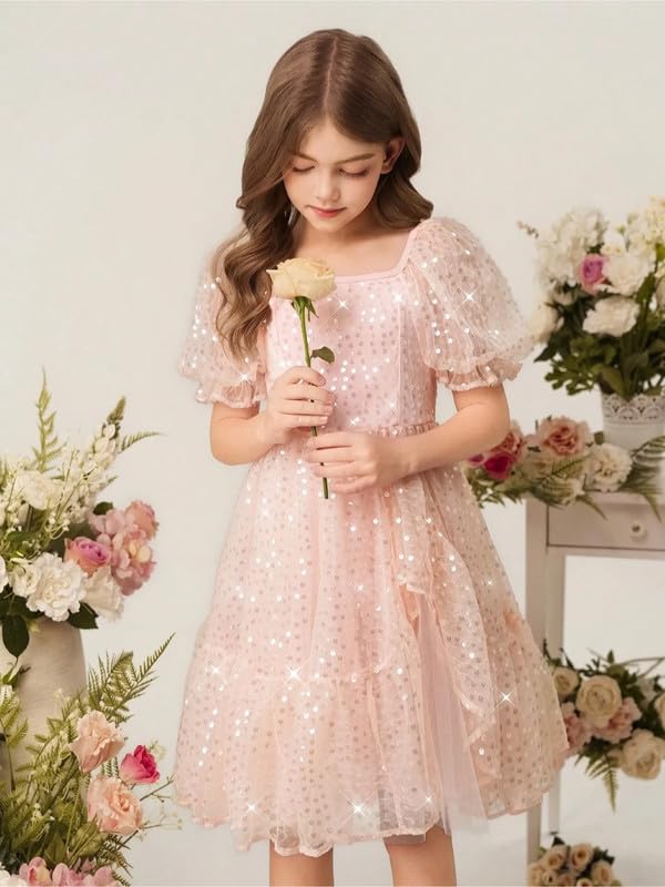 Image of Niren Enterprise Peach Printed Knee Length Short Sleeves Square Neck Stylish Girls Party Dress