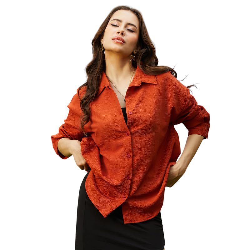 Image of PINACOLADA Women's Solid Oversized Shirt for Casual Wear | Spread Collar | Long Sleeve | Button Closure | Oversized Shirt Crafted with Comfort Fit for Everyday Wear