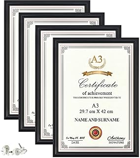 HORLIMER A3 Certificate Photo Frames, Set of 4, Black Poster Picture Frames for Wall Mount, Horizontally or Vertically, 29.7 x 42 cm