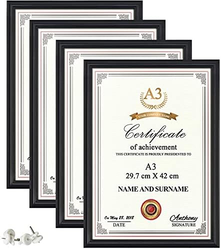 HORLIMER A3 Certificate Photo Frames, Set of 4, Black Poster Picture Frames for Wall Mount, Horizontally or Vertically, 29.7 x 42 cm