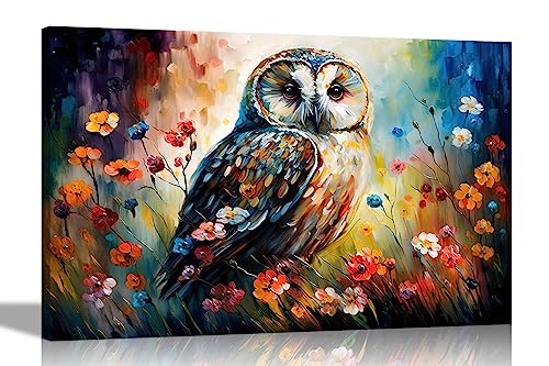 Artley Prints - Owl in Flower Garden Abstract Canvas Wall Art for Living Room, Bedroom - Ready to Hang Prints - Wildlife Pictures 40 x 30cm (16 x 12 inches) A3
