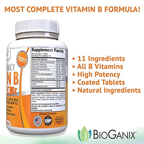Bioganix Vitamin B Complex Supplement, Vitamin B12, B1, B2, B3, B5, B6, B7 Biotin & B9 Folic Acid, Vegan High Potency Capsules to Boost Energy, Weight Loss, Metabolism, Skin, Hair & Eyes (50 Capsules)