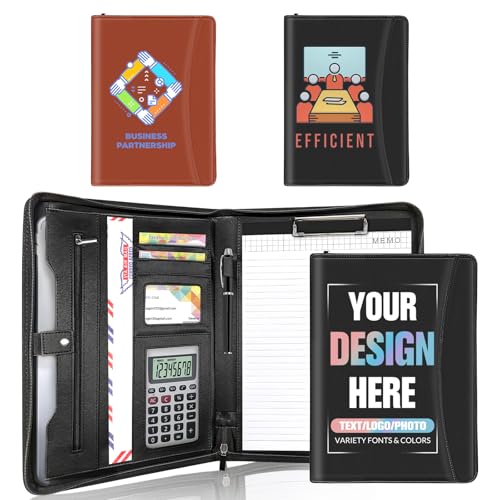 Customized Zippered Leather Portfolio Custom Logo&Text&Photo Binder Personalized Portfolios for Men Women Resume Interview Office School Business Black