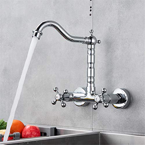GUHPZA Grifo De Cocina De Pared De Bronce/Cromo Ennegrecido con Salida De Agua Fría Y Caliente, Mezclador De Cocina De Rotación Universal De Doble Manija con Aireador,Chrome