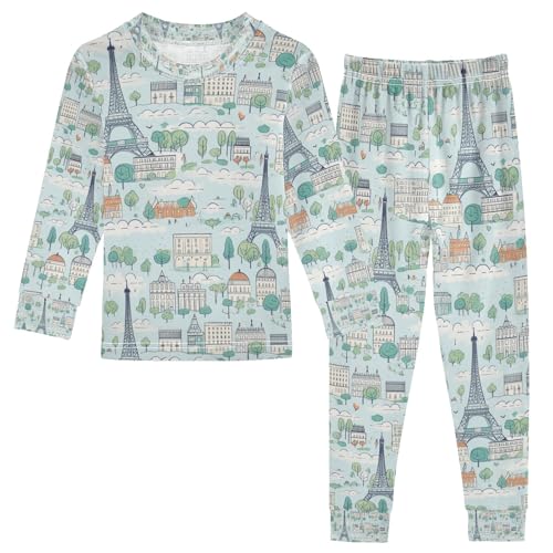 senya Cartoon Eiffel Tower Pajamas Set Long Sleeve Soft Cotton Sleepwear 2 Piece