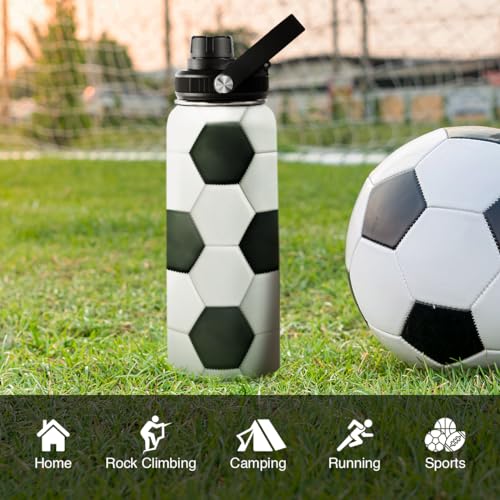 Image of SANDJEST Soccer Water Bottle with Lid - 32oz Insulated Stainless Steel Sport Bottles - Men Soccer Player Fan Coach