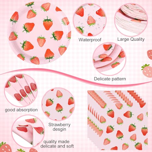Image of Funnymoom 452 Pcs Strawberry Party Supplies for 50 Guests, Strawberry Paper Plates Napkins Cups Tablecloth Cutlery Straws for Berry First Birthday Baby Shower Party Decorations