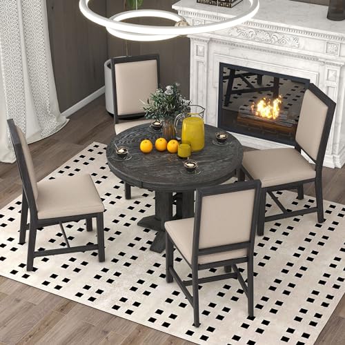 Image of 5-Piece Extendable Dining Table Set, Farmhouse Kitchen Table for 4 6 People with Removable Middle Leaf and 4 Cross Back Chairs, Round Dining Table for Kitchen, Dining Room, Black