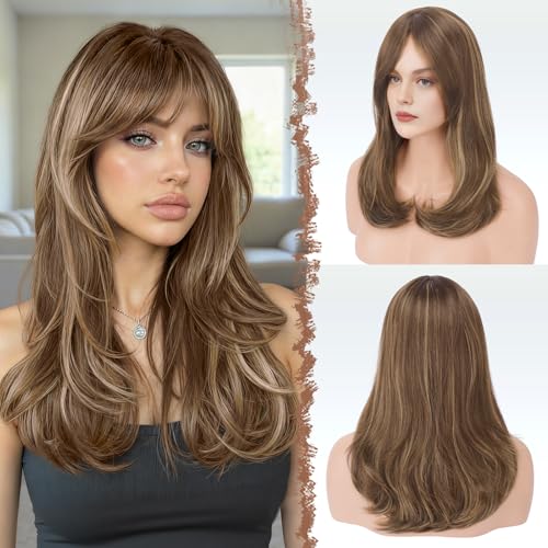 Image of FESHFEN Wigs with Bangs for Women, Synthetic Natural Looking Long Layered Straight Hair Wig for Women Daily Party Use, 18 inch Brown Mixed Blonde