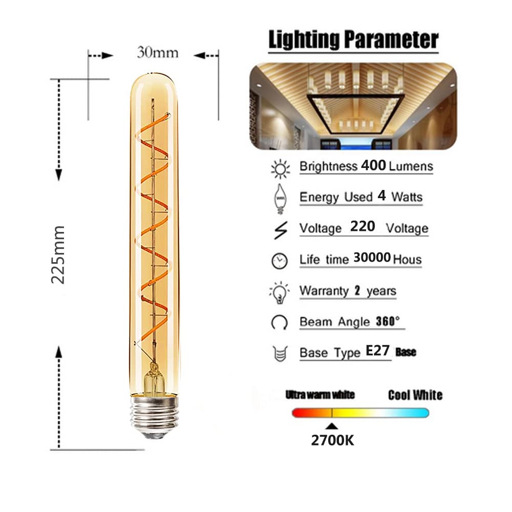 E27 T30-225mm LED Edison Vintage Glühbirnen 4W(Äquivalente 40W Halogenbirne) 400LM Warmweiß 2700K Nicht Dimmbar E27 Braunglas Retro Tuber,12Packung
