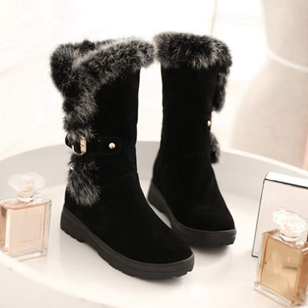 MIOKE Women's Winter Fur Snow Boots Waterproof Mid Calf Suede Buckle Slip On Platform Wide Warm Snow Boot